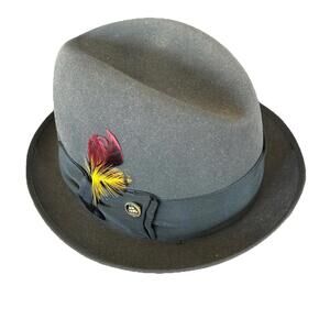 Stratford Hall Black Wool Fedora Hat Feather Trim Ribbon Bow 7 1/8